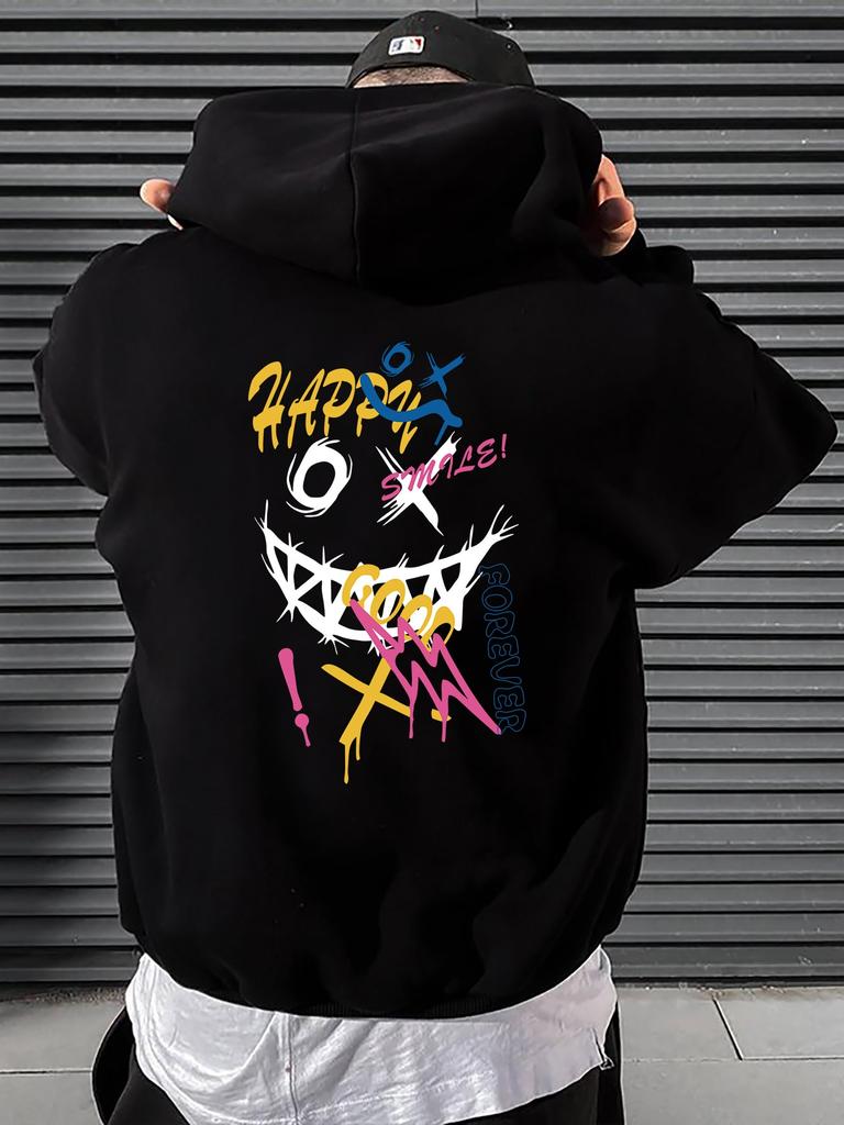 Fröhliches Wort Lustige Persönlichkeit Buntes Muster Kapuzenpullover Herren Tasche Comics Pullover Herbst Weich Streetwear Mode Hip Hop Kleidung