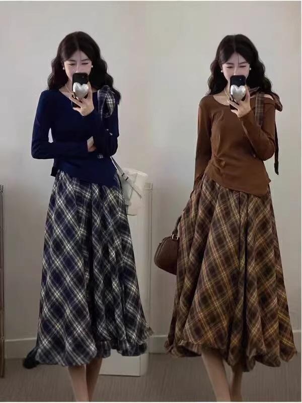 Amber Plaid Two-Piece: Bow Long Sleeve Top & Retro Skirt Set