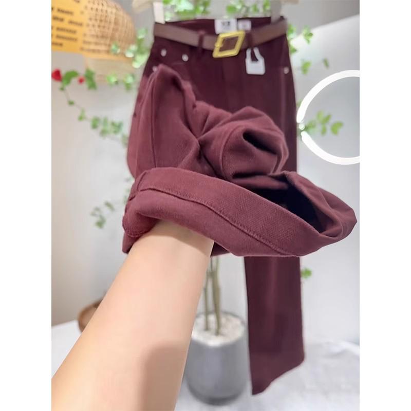 2024 Plus Size Red High Waist Wide Leg Jeans for Women - Autumn/Winter Slimming Straight Fit