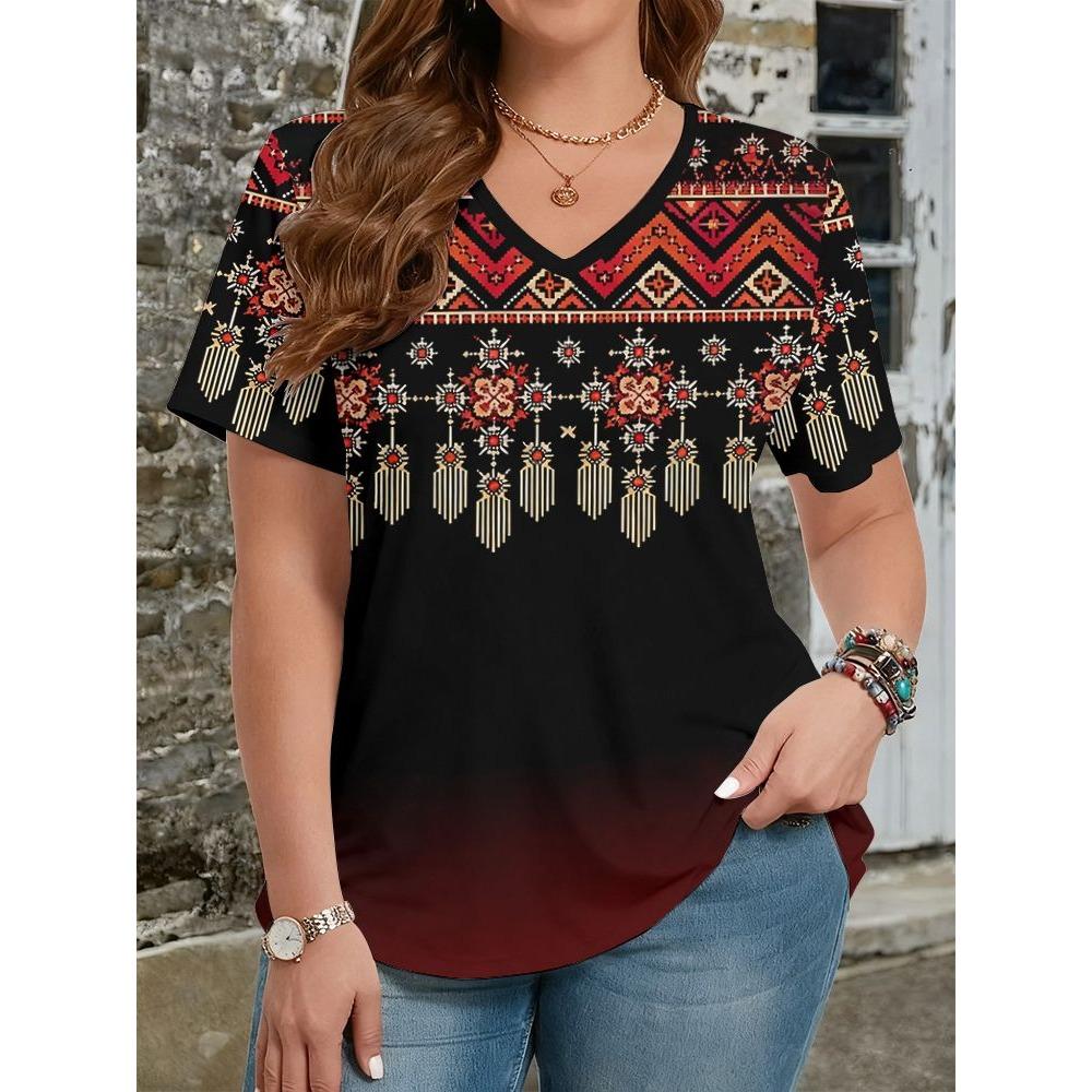 Summer Ethnic Style Floral 3D Print T-Shirts Women's V-Neck Short Sleeve T Shirt Y2k Harajuku Tees Casual Tops Female Clothing