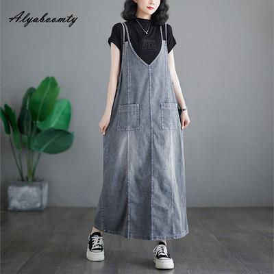 Extra Size Summer Autumn Women Denim Tank Dress V Neck Casual Loose Oversized Midi Dress Vintage Washed Cotton Baggy Sleeveless Dress L-3XL