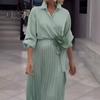Women Dress Lapel V-Neck Long Sleeve Lace-up High Waist Long Dress Solid Color Pleated Hem Shirt Dress