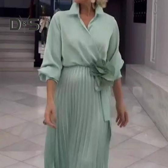 Women Dress Lapel V-Neck Long Sleeve Lace-up High Waist Long Dress Solid Color Pleated Hem Shirt Dress