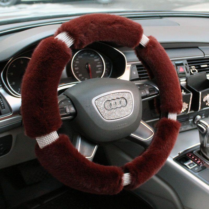 Car Steering Wheel Cover Winter Plush Female Korean Cute Universal Fashion Pink Gray Black Diamond-Studded Handlebar Cover