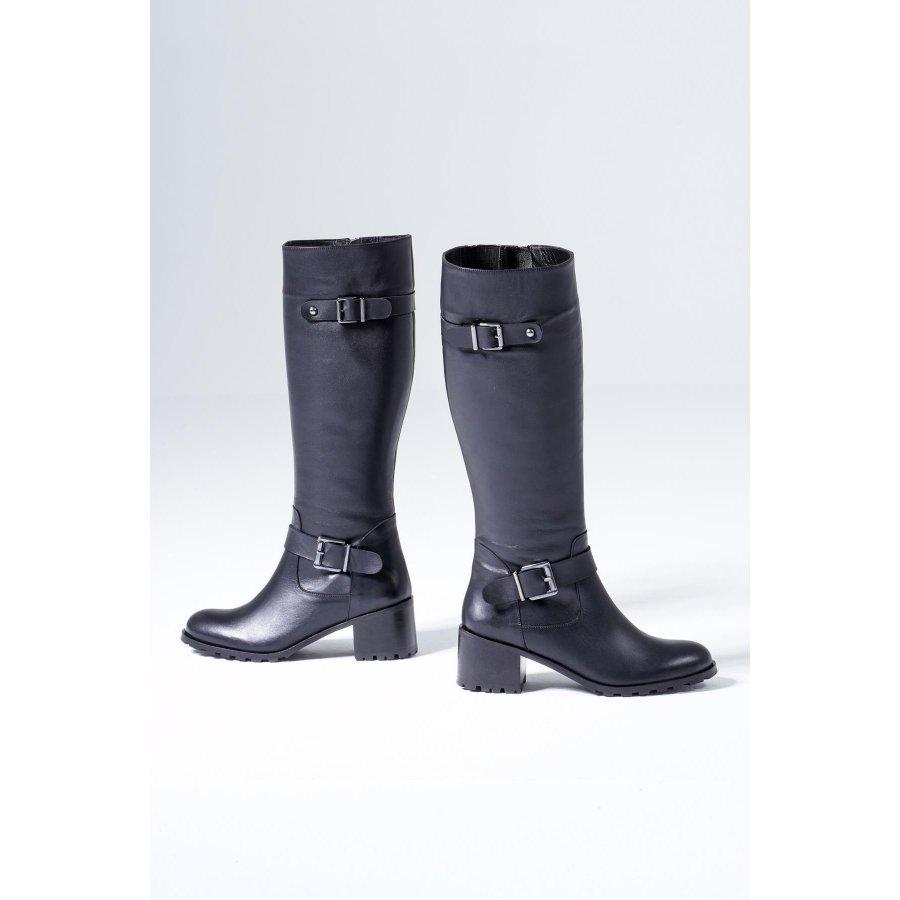 Kniehohe Damenstiefel aus echtem Leder mit Schnalle und mittlerem Absatz