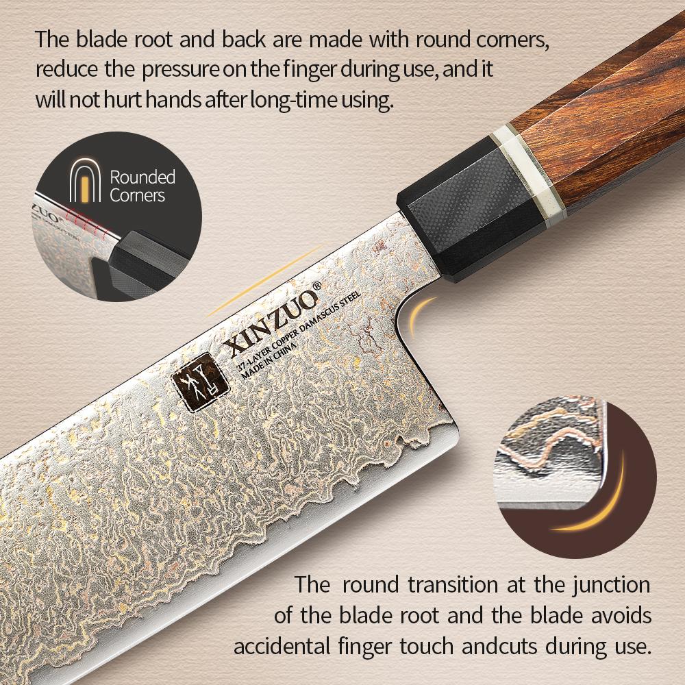 XINZUO Newest Style 7'' Inches Nakiri Knife 37 Layers Real Tricolour Copper Damascus Steel Kitchen Butcher Cleaver Fish Knife