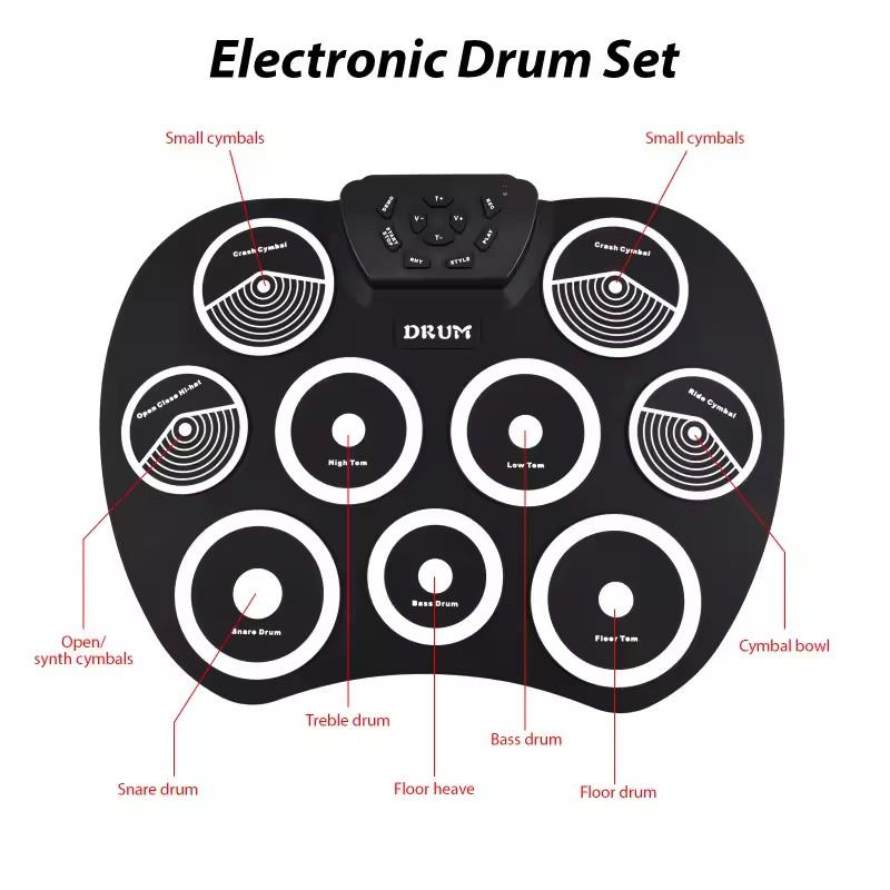 Elektroniskt trumset Handrullad trumma 9-plattor MIDI-gränssnitt Stöder DTX-spel Portabelt trumset Gåvor med trumpinnar pedaler