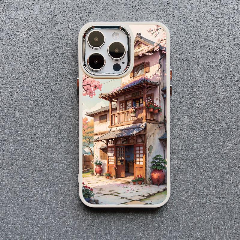 Vintage Oil Painting House Phone Case For iPhone 16 15 14 Pro Max 11 13 12 Pro MAX 7 8 Plus XR X Flower Courtyard Silicone Cover