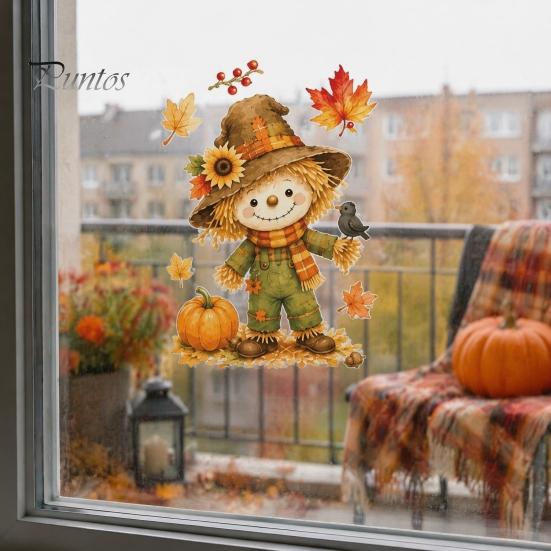 Harvest Festival Window Decor 6 Sheets Autumn Stickers, Thanksgiving Cartoon Static Cling Decorations with Fall Art Pumpkins Maple Leaves Scarecrows