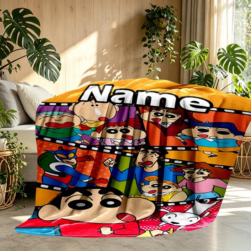 Custom Name Personalized Crayon Shin Print Blanket, Home Decor, Bedroom, Sofa, Camping, Couch, Gifts for Birthday Christmas