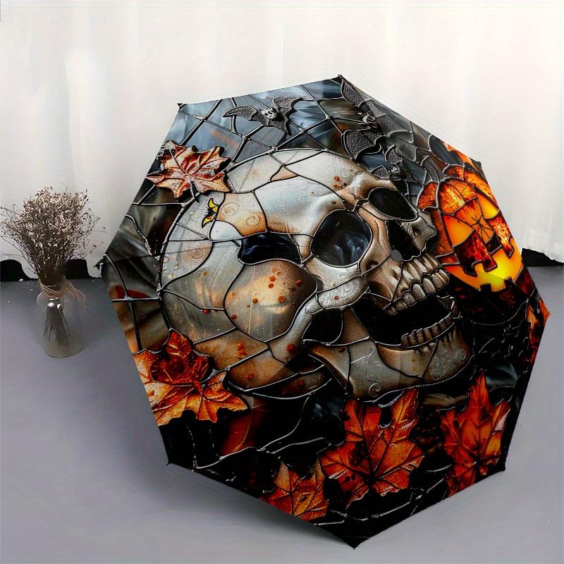 Halloween Skull & Pumpkin Stained Window DecorationUmbrella, PortableFold Compact Umbrella for Men & Women Gift