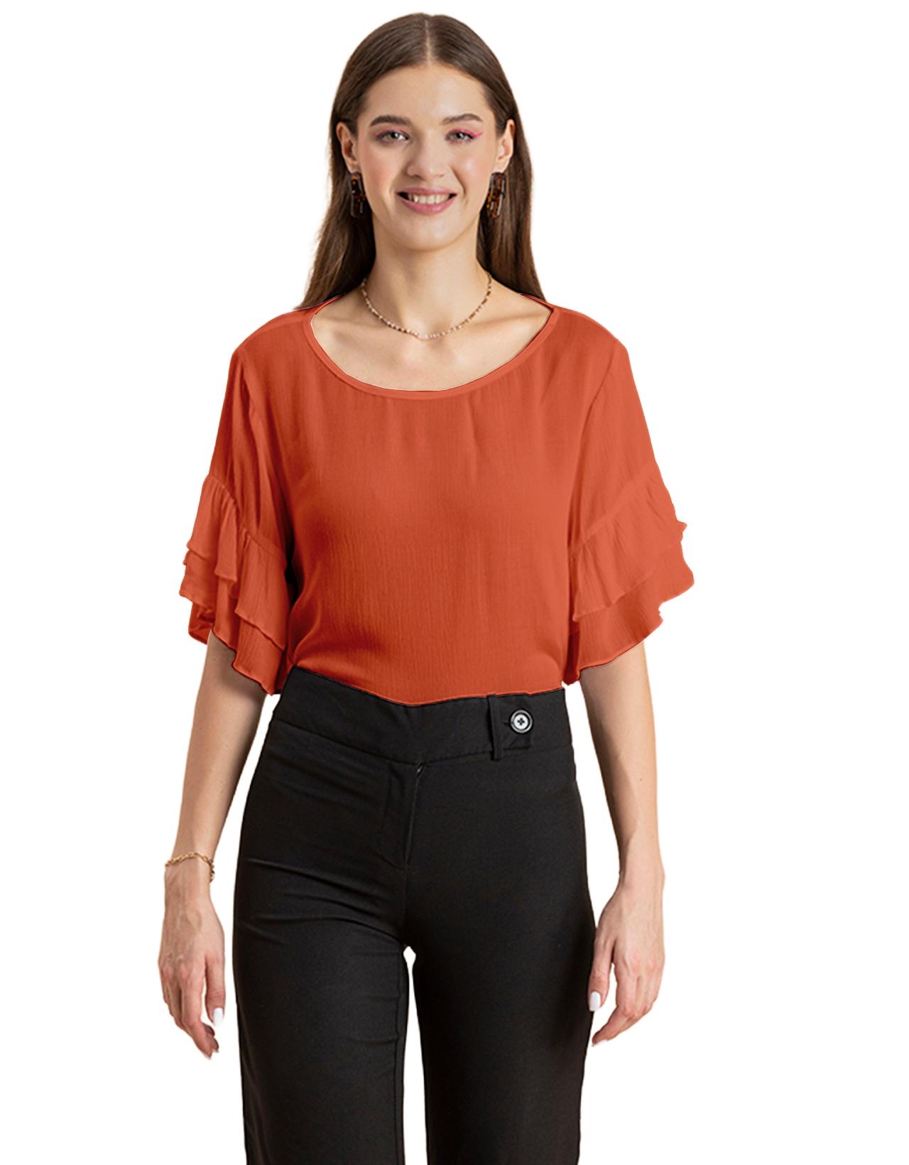 

Повсякденний літній однотонний жіночий топ Moomaya з круглим вирізом і рукавами-дзвонами XS помаранчевий