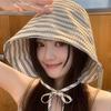 French-style new striped wide-brimmed fisherman's hat for women, summer sun protection, niche breathable hat that makes the face look smaller,