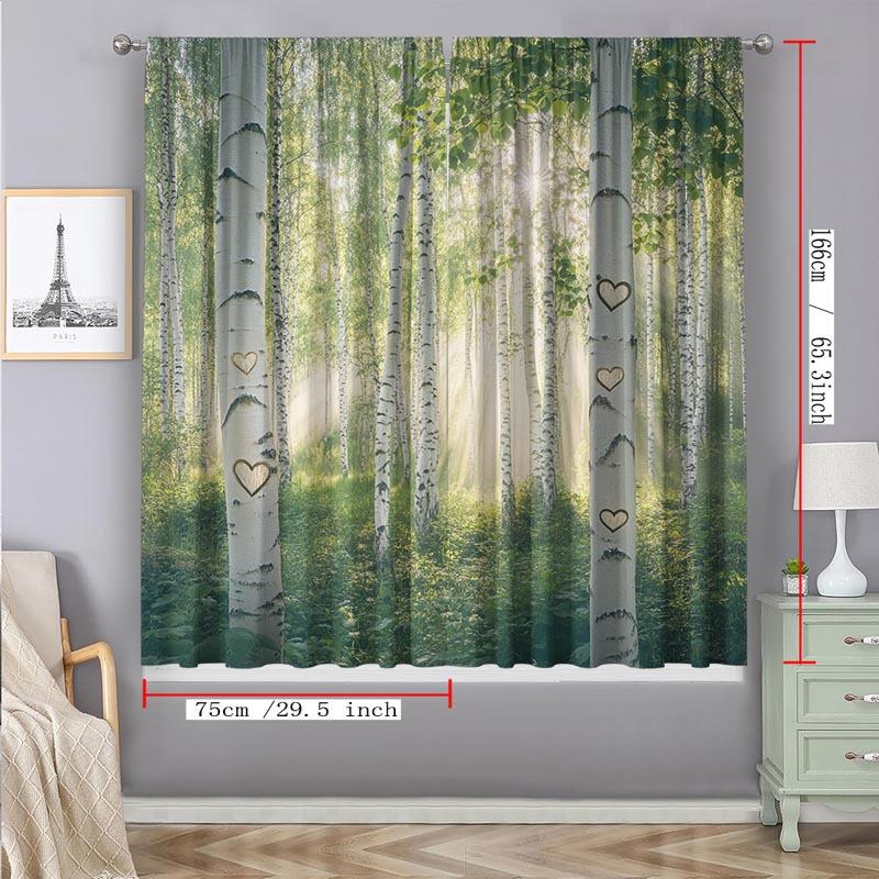 Juego de 2 Cortinas Bosque de Abedules Nórdico – Árboles Blancos con Luz Solar en Forma de Corazón, Cortinas Filtrantes de Luz con Pasacables