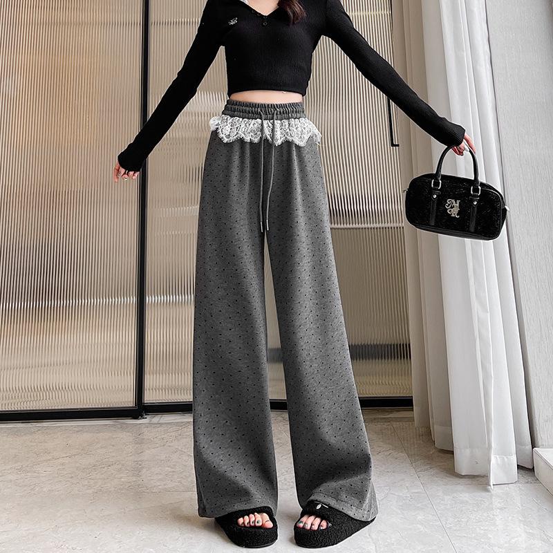 Women's Black Polka Dot Lace Trim Wide-Leg High-Waist Sporty Sweatpants (2025)