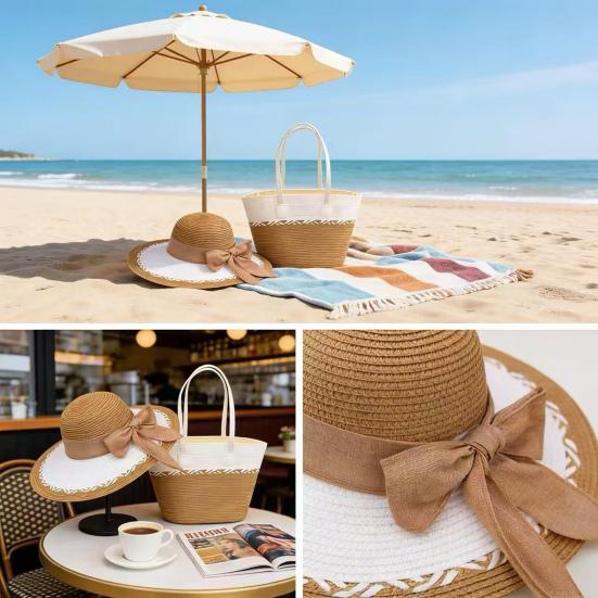 2Pcs/Set Hat Tote Bag Set Striped Print Wide Brim Straw Hat Handmade