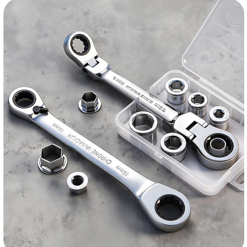 7-in-1 Double Head Ratchet Wrench Set with Interchangeable Shaking Heads Flexible Joint Removable Socket for Multi Size Tasks