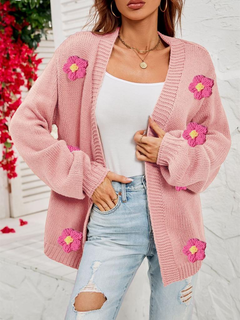 New Winter Floral Cardigan Long Sleeve Knit Sweater Coat for Women