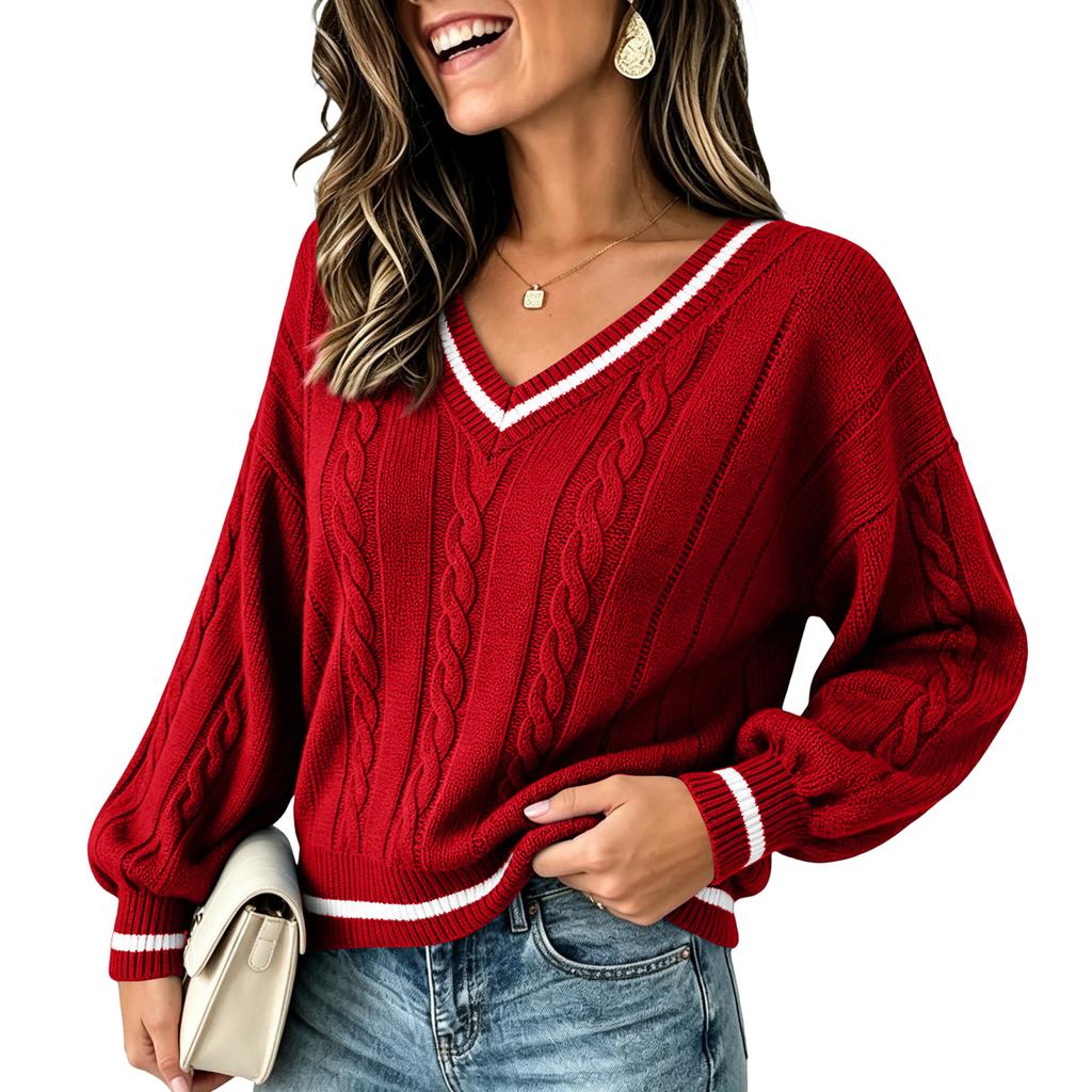 Women's V-Neck Cable Knit Sweater Loose Fit Color Block Long Sleeve Pullover Top