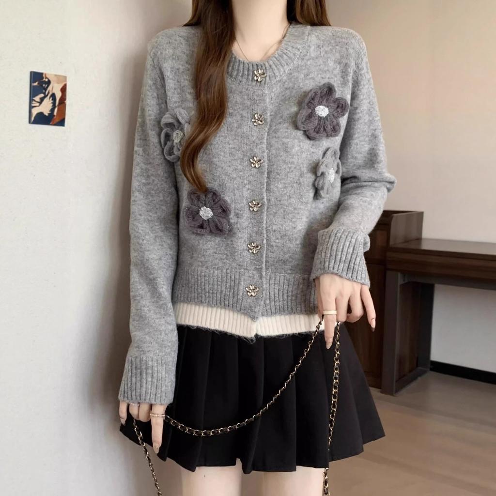 Gray Soft Waxy Knitted Cardigan Sweater Jacket Women's Design Sense Niche High Sense Temperament Top Small Short