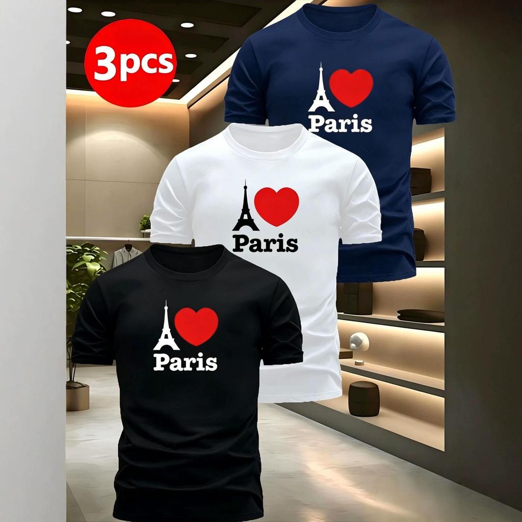 Men's European Size Bird's Eye Knit T-Shirt Set - Plain, Breathable, Quick-Dry, Short Sleeve, Round Neck, 3 Pieces