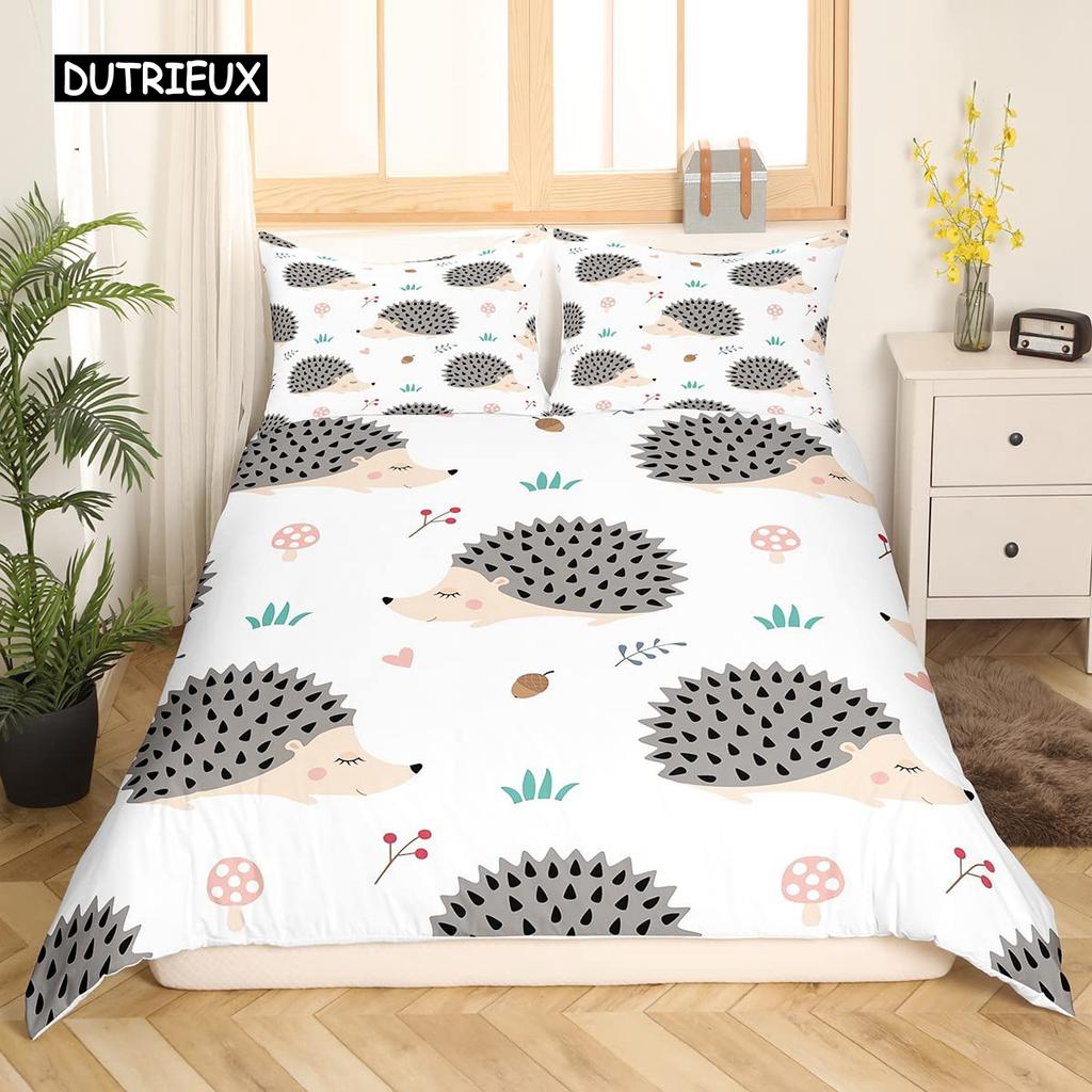 Hedgehog Duvet Cover Set 3D Cartoon Hedgehog Flower 2/3PCS Bedding Set Kids Boys Girls Animal Queen Size Polyester Quilt Cover
