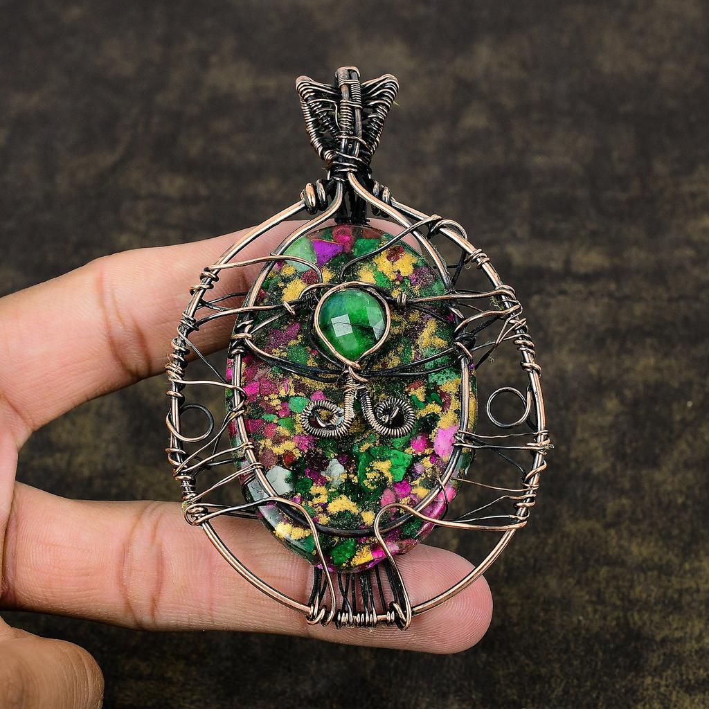 Copper Ruby in Zoisite  Ethnic Copper Wire Wrap Pendant 3.82" t6y44