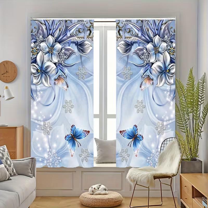 2 Pcs Blue Flower Butterfly Print Curtains,suitable for Bedroom,living Room Kitchen Decoration,home Decoration,window Decoration