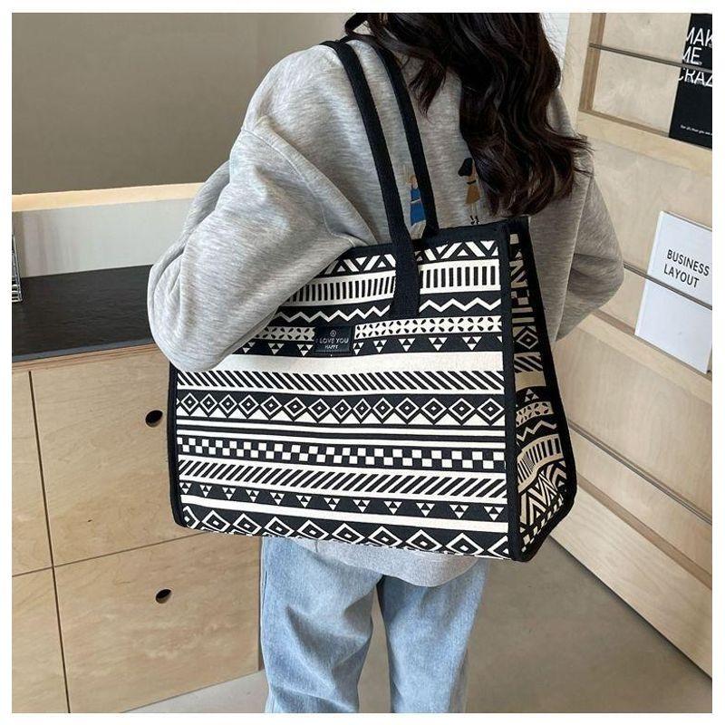 

2025 Large Capacity Totes New Arrival Women s Shoulder Bag Canvas Bag Tote Bag Lunch Bag Travel Commuter Bag Geometric pattern black [large capacity]]