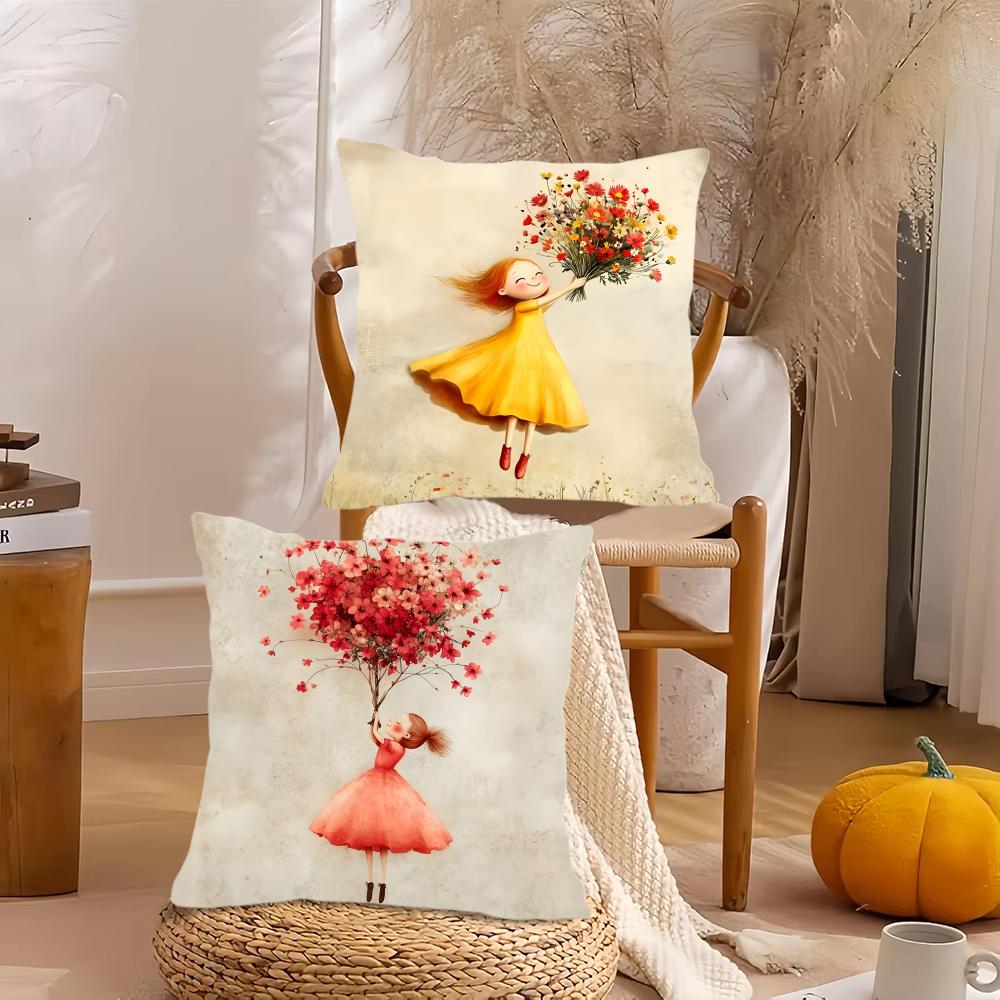 The girl is holding flower Cushion Cover Silky Short Plush DoubleSided Printed Pillow Case for Sofa All Seasons Home Decor Gift
