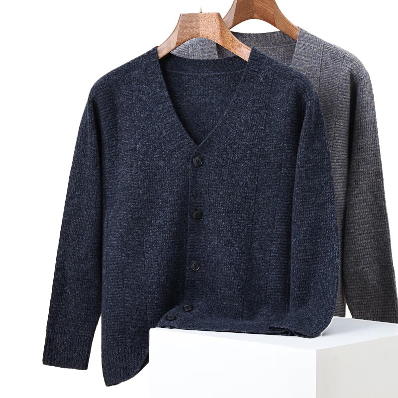 ROMON Men's 100% Pure Wool V-Neck Cardigan Sweater