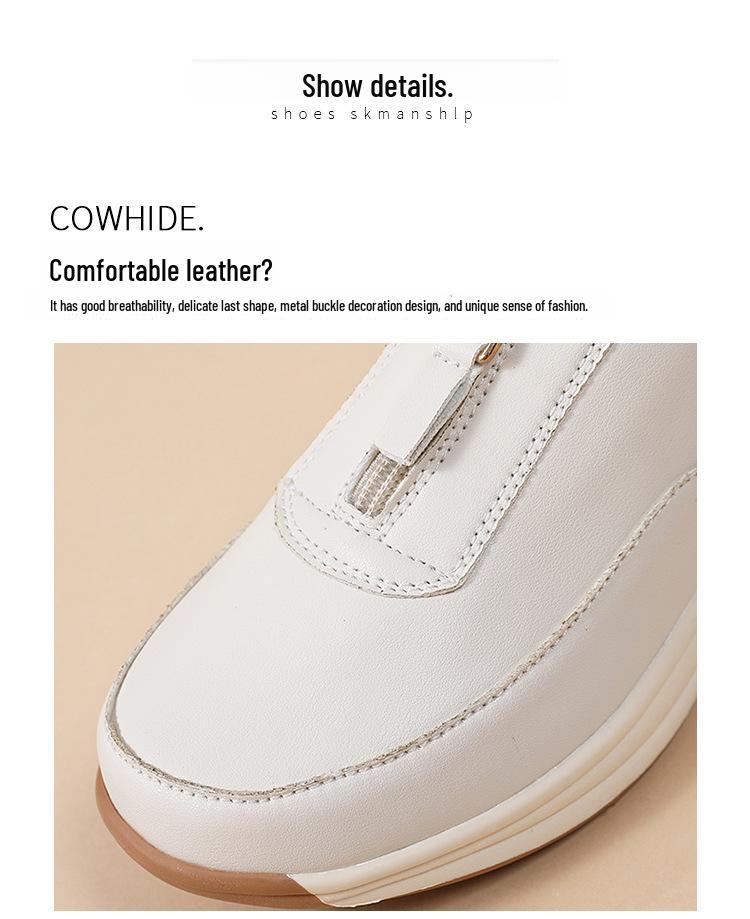 Pantofi sport pentru femei, primăvara 2025: Design cu fermoar gol, vârf din piele naturală, mărime mare, talpă groasă, stil de mamă.