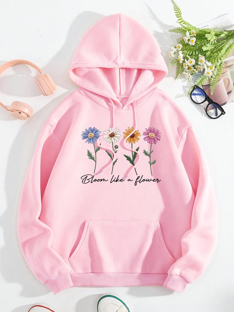 Bloom Like A Flower Pattern Women Hoody Loose Y2K Casual Sportswear Fleece Pocket Hoodie Autumn All-Match Woman Clothing
