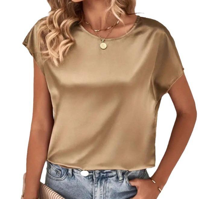 Summer Women's Round Neck Solid Color Casual Top with Batwing Sleeves and Satin Imitation Silk Short Sleeved Blouses & Shirts