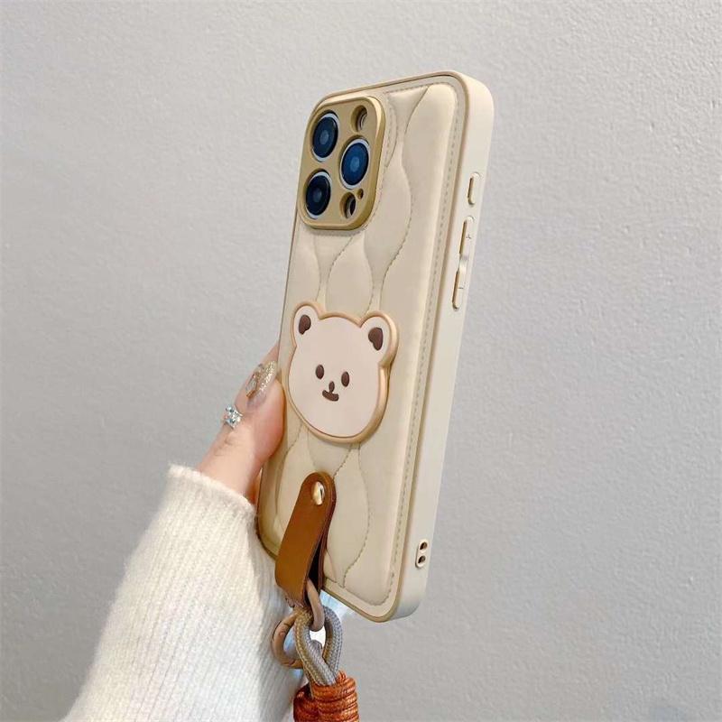 Cute Bear Wristband Lanyard Down Jacket Phone Case For iPhone 15 14 13 12 11 Pro Max Korea Soft Cover