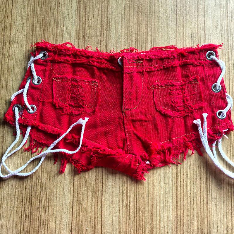 Women's Eyelet Lace-Up Denim Shorts with Side Slit