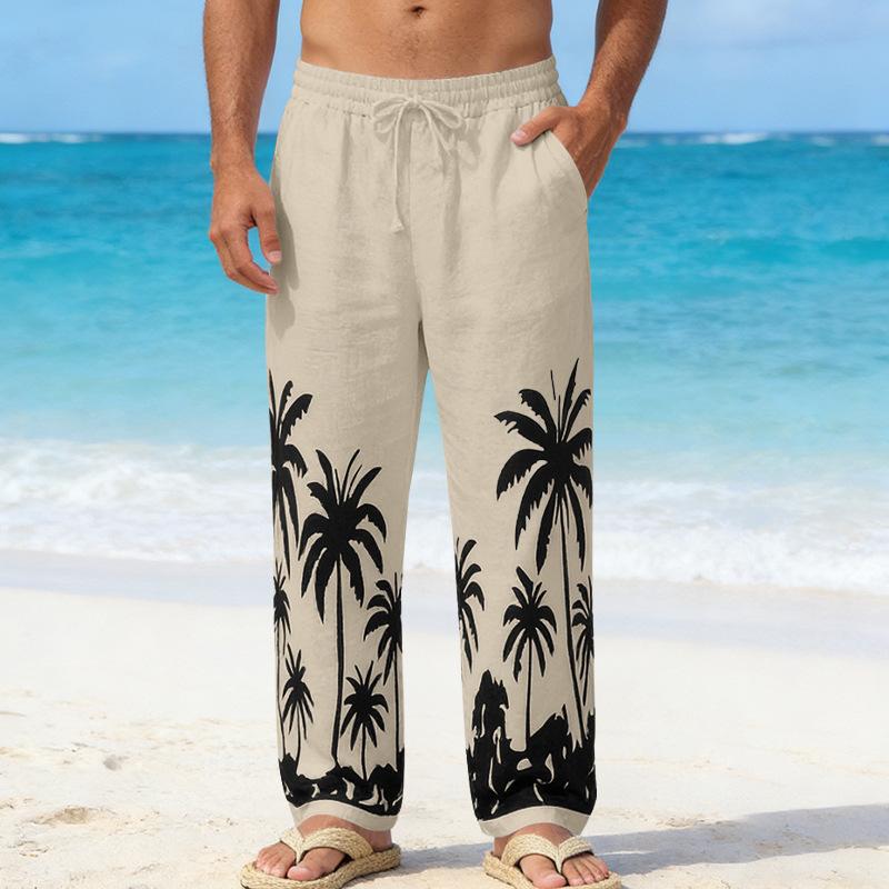 Four Seasons Men's Relaxed Fit Beach Resort Casual Printed Straight-Leg Linen Trousers
