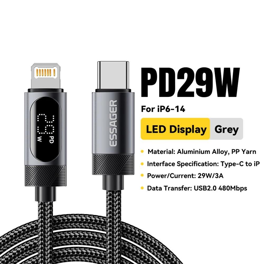 

Essager Digital Display USB C кабель для iPhone14 13 12 11 Pro Max PD 29W быстрая зарядка Type C к Lighting кабель для iPad Macbook 2m серый