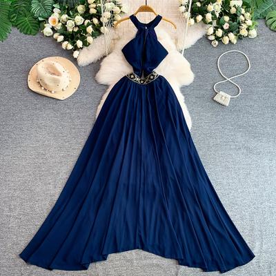 Sexy Backless Halter Neck Dress with Padded Cups for Women Vintage Bohemian Embellished Asymmetrical Elegant Chiffon Midi Dress