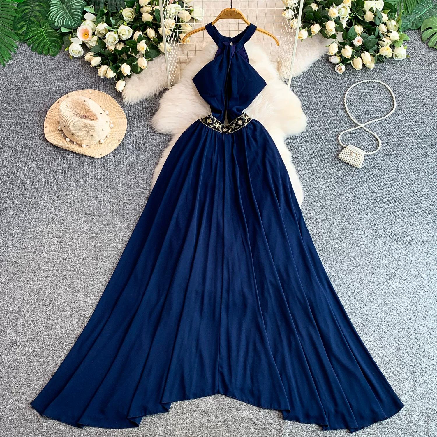

Sexy Backless Halter Neck Dress with Padded Cups for Women Vintage Bohemian Embellished Asymmetrical Elegant Chiffon Midi Dress L