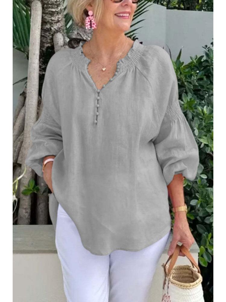 Women’s Polo-neck V-neck Plain Cotton-linen Long-sleeved Casual Top