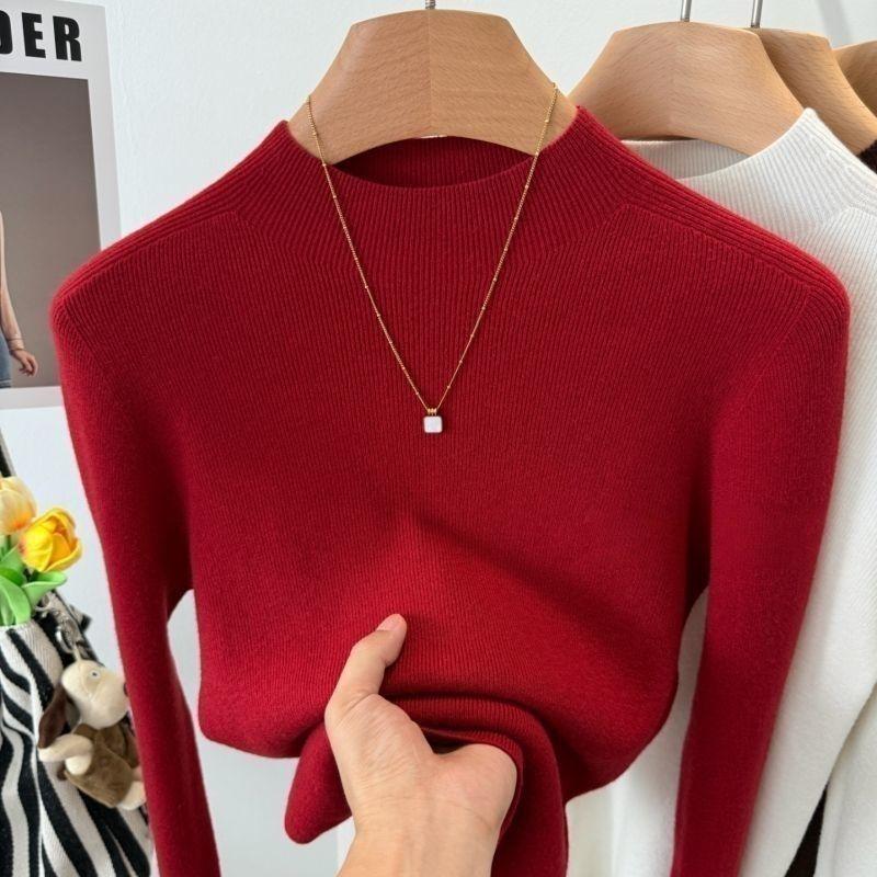 Women's Stand Collar Wool Sweater Autumn and Winter Solid Color Warm Stretch Knit Sweater Slim Fit Stretch Knit Pullover