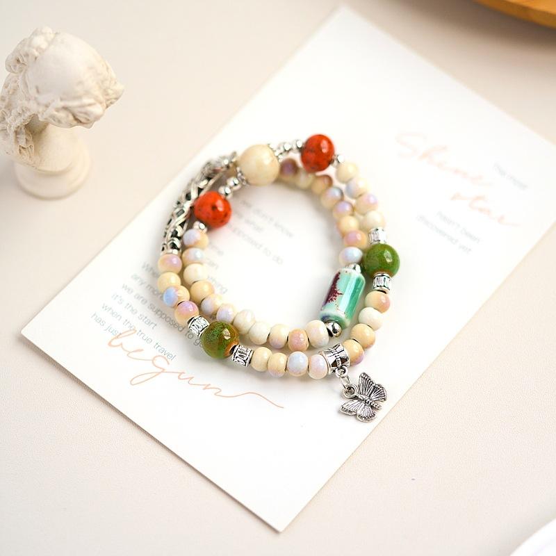 Jingdezhen Ceramic Bracelet New Chinese Style Student Antique Double Circle Beaded Bracelet Jewelry Hand-woven