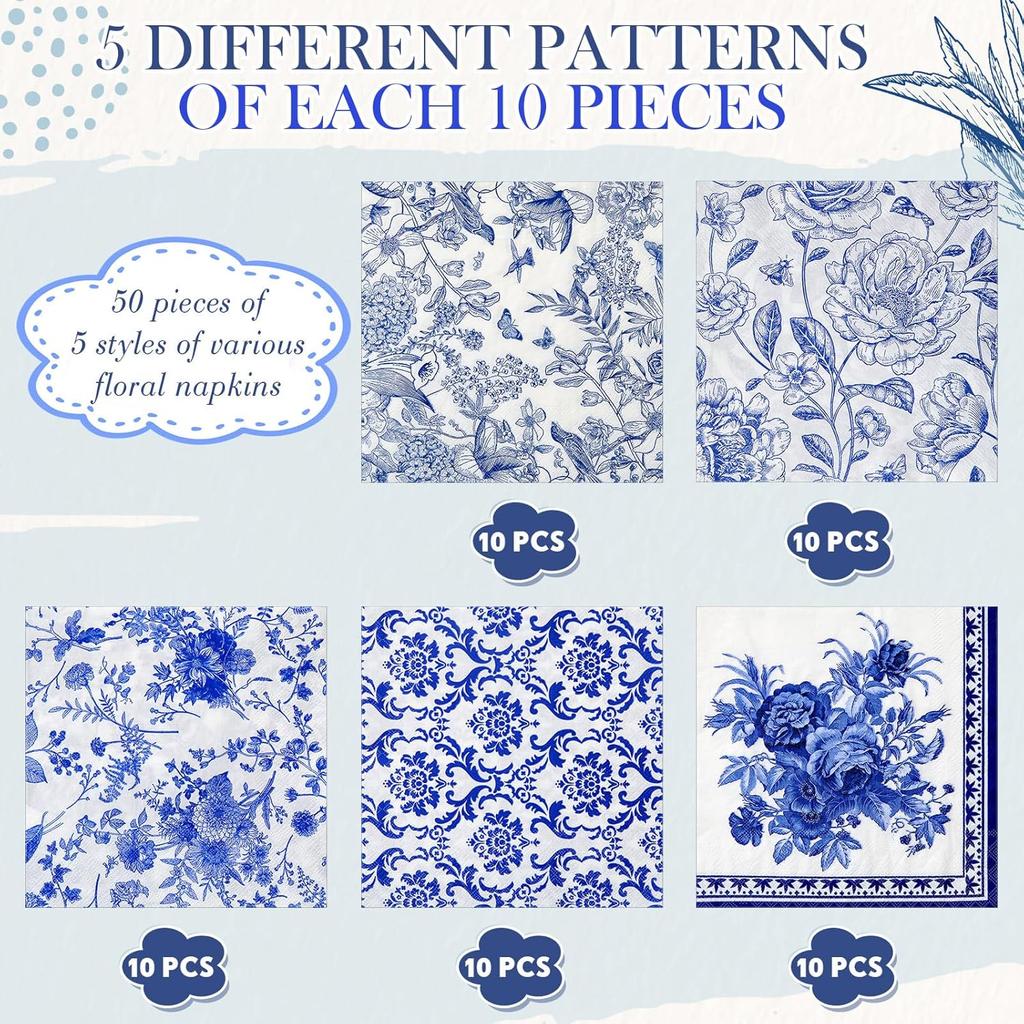 Crtiin 50 Pack 5 Styles Decoupage Napk Decorative Napk Floral Chinoiserie Cocktail Paper for Birthday Party Wedding Beautiful Gorgeous, Each Unfolded