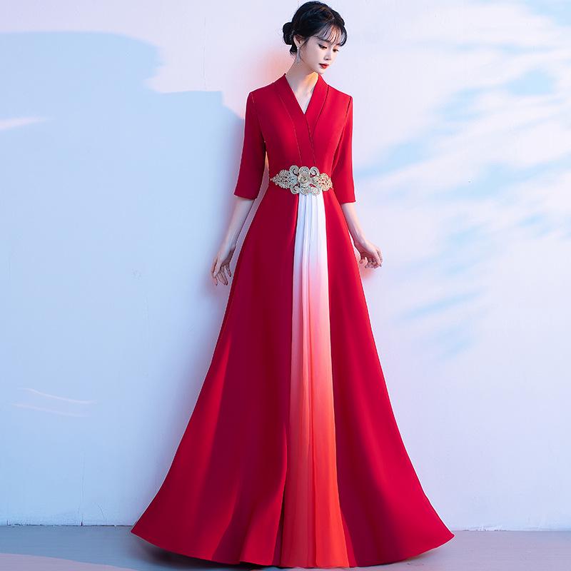 Women's Long Red Choir Performance Dress for Stage, Hosting, and Poetry Recitation Competitions - New Style Atmospheric Costume