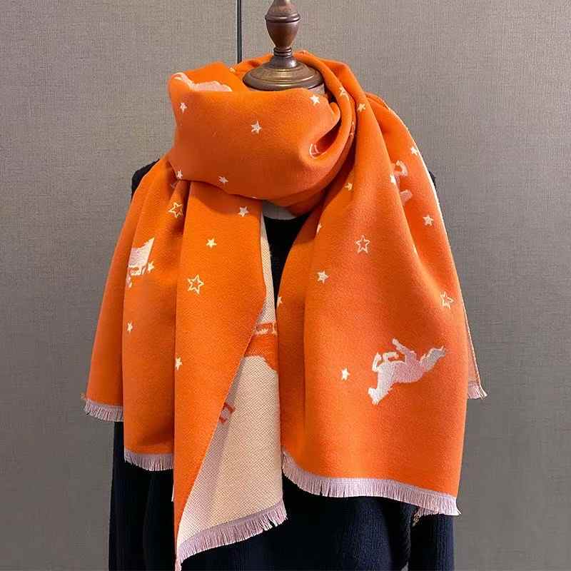 Women's Long Thick Warm Korean Style Scarf Imitating Cashmere Winter Fashion Scarf with Stylish Letter Pony Pattern as Shawl