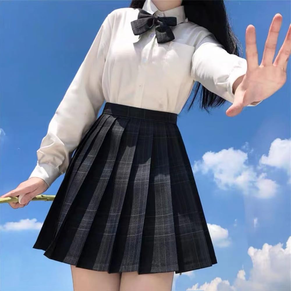 GEAHOL School Uniform Skirt 3-Piece Set Girls High Waist Pleated Check Pattern with Bow Tie Tie Adjustable Waist Machine Washable for School Festival