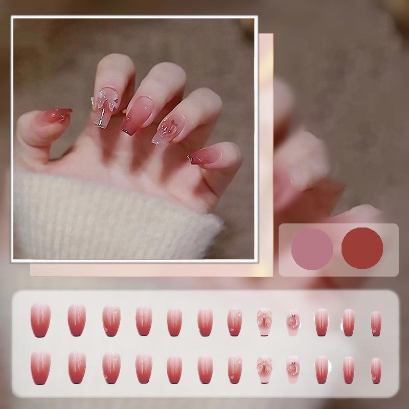 24PCS-Gradient Color Manicure Peach Design Oxed Love Peach Bow Color Changing with the Sun light 3D Wearing Nail