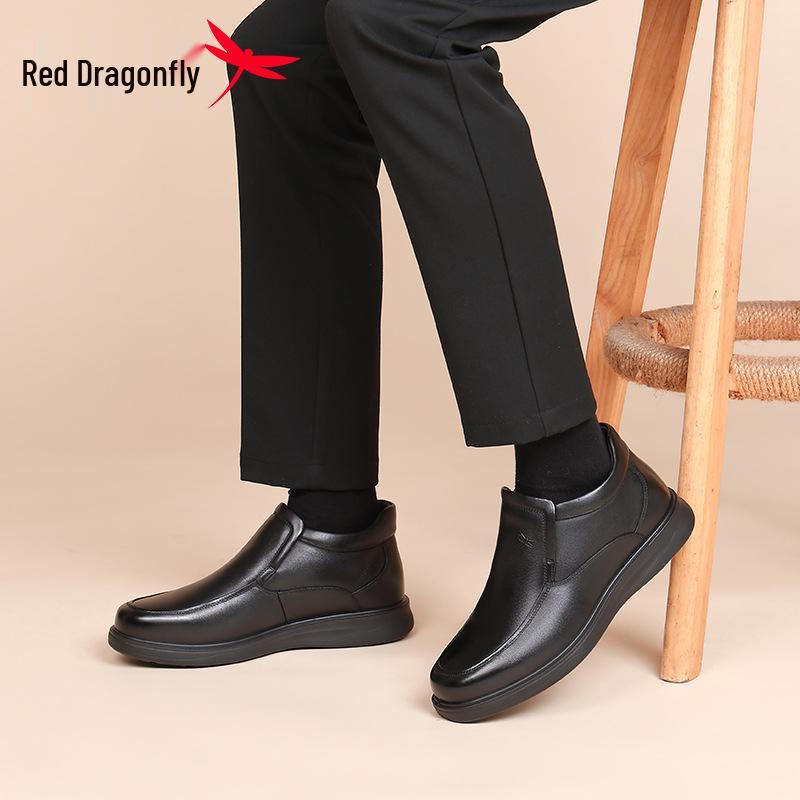Red Dragonfly Men's High-Top Winter Leather Shoes - Casual and Business Plus Velvet Cotton Lining