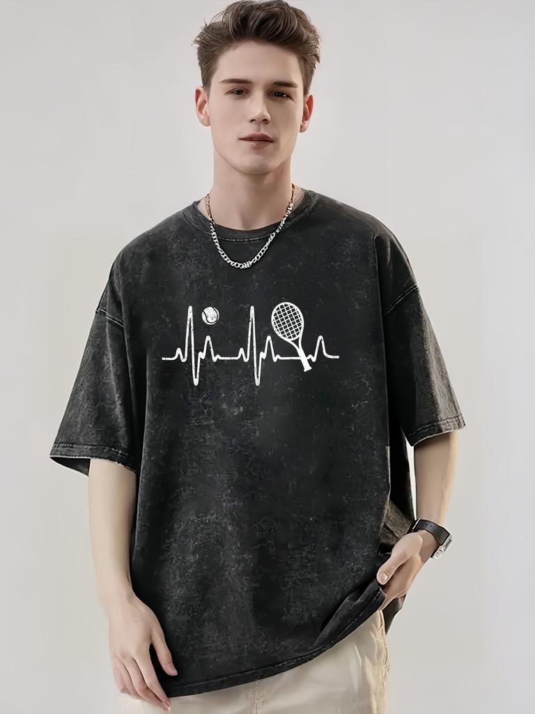Men's Oversized Streetwear T-Shirt - Tennis Racket Heartbeat Graphic Print, Heavyweight 100% Cotton, Drop Shoulder